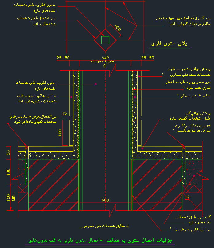 جزئیات اتصال ستون بتنی و فلزی
